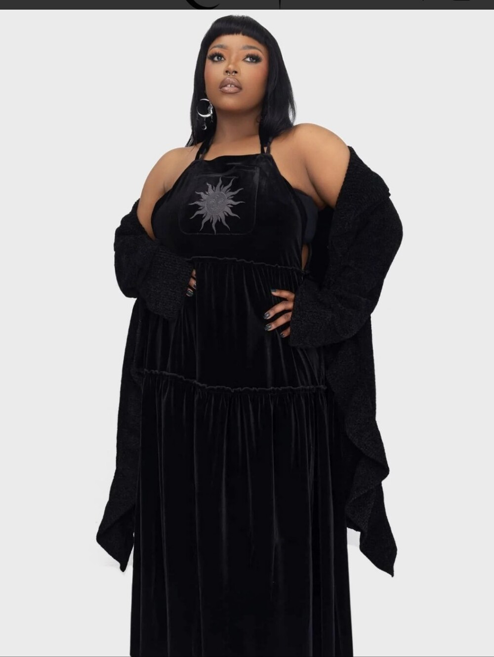 Killstar Black Velvet Maxi Dress with Sun Design - Picture 9 of 11